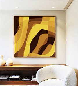 Quadro Quadrado Abstrato Mosaico Contornos Marrom Amarelo Ouro Canvas Moldura