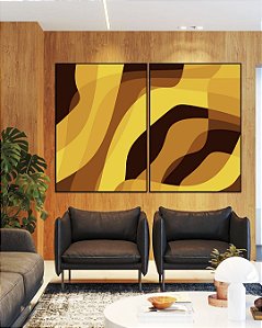 Duo de Quadros Abstrato Mosaico Contornos Marrom Amarelo Ouro Canvas Moldura