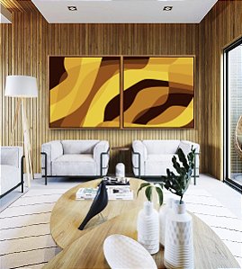 Duo de Quadros Quadrados Abstrato Mosaico Contornos Marrom Amarelo Ouro Canvas Moldura