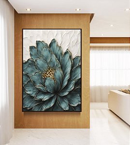 Quadro Vertical Flor Azul Petróleo Dourada Textura Branca Floral Canvas Moldura