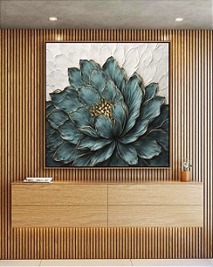 Quadro Quadrado Flor Azul Petróleo Dourada Textura Branca Floral Canvas Moldura