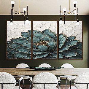 Trio de Quadros Flor Azul Petróleo Dourada Textura Branca Floral Canvas Moldura