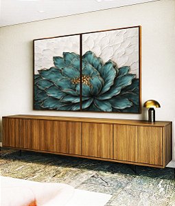 Duo de Quadros Flor Azul Petróleo Dourada Textura Branca Floral Canvas Moldura