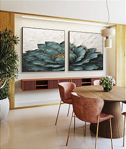 Duo de Quadros Quadrados Flor Azul Petróleo Dourada Textura Branca Floral Canvas Moldura