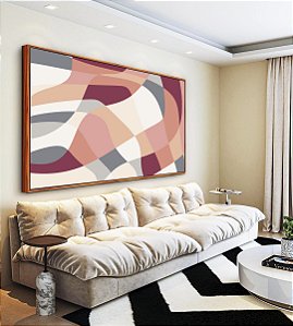 Quadro Horizontal Abstrato Mosaico Contornos Rosa Salmão Cinza Branco Canvas Moldura