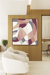 Quadro Quadrado Abstrato Mosaico Contornos Rosa Salmão Cinza Branco Canvas Moldura