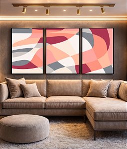 Trio de Quadros Abstrato Mosaico Contornos Rosa Salmão Cinza Branco Canvas Moldura