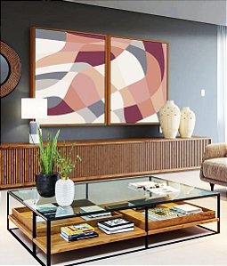 Duo de Quadros Abstrato Mosaico Contornos Rosa Salmão Cinza Branco Canvas Moldura