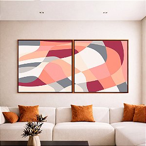 Duo de Quadros Quadrados Abstrato Mosaico Contornos Rosa Salmão Cinza Branco Canvas Moldura