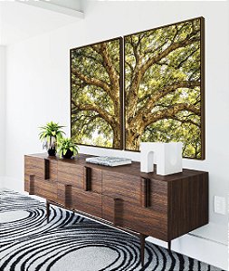 Duo de Quadros Árvore Majestosa Folhagem Verde Luz Dourada Natureza Canvas Moldura