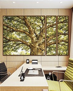 Trio de Quadros Estilizados Árvore Majestosa Folhagem Verde Luz Dourada Natureza Canvas Moldura