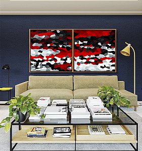 Duo de Quadros Quadrados Abstrato Mosaico Vermelho Preto e Branco Canvas Moldura