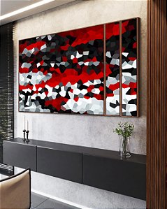 Trio de Quadros Estilizados Abstrato Mosaico Vermelho Preto e Branco Canvas Moldura