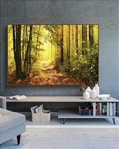 Quadro Horizontal Caminho Iluminado na Floresta Dourada Natureza Paisagem Canvas Moldura