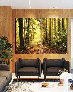 Duo de Quadros Caminho Iluminado na Floresta Dourada Natureza Paisagem Canvas Moldura