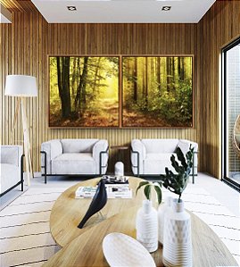 Duo de Quadros Quadrados Caminho Iluminado na Floresta Dourada Natureza Paisagem Canvas Moldura