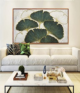 Quadro Horizontal Folhas Ginkgo Verde Esmeralda Dourado Natureza Canvas Moldura