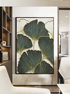 Quadro Vertical Folhas Ginkgo Verde Esmeralda Dourado Natureza Canvas Moldura