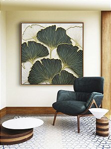 Quadro Quadrado Folhas Ginkgo Verde Esmeralda Dourado Natureza Canvas Moldura