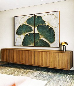 Duo de Quadros Folhas Ginkgo Verde Esmeralda Dourado Natureza Canvas Moldura