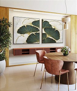 Duo de Quadros Quadrados Folhas Ginkgo Verde Esmeralda Dourado Natureza Canvas Moldura