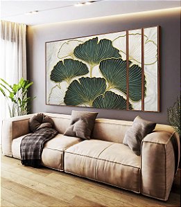 Trio de Quadros Estilizados Folhas Ginkgo Verde Esmeralda Dourado Natureza Canvas Moldura