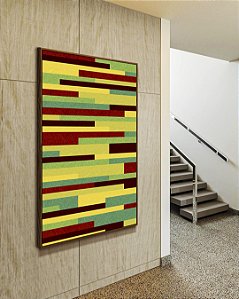 Quadro Vertical Abstrato Mosaico Geométrico Amarelo Limão Vermelho Listras Tiras Canvas Moldura