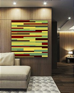 Quadro Quadrado Abstrato Mosaico Geométrico Amarelo Limão Vermelho Listras Tiras Canvas Moldura