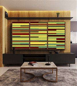 Trio de Quadros Abstrato Mosaico Geométrico Amarelo Limão Vermelho Listras Tiras Canvas Moldura