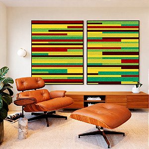 Duo de Quadros Abstrato Mosaico Geométrico Amarelo Limão Vermelho Listras Tiras Canvas Moldura