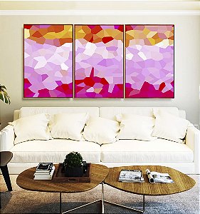 Trio de Quadros Abstrato Mosaico Rosa Laranja Canvas Moldura