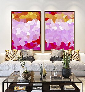 Duo de Quadros Abstrato Mosaico Rosa Laranja Canvas Moldura