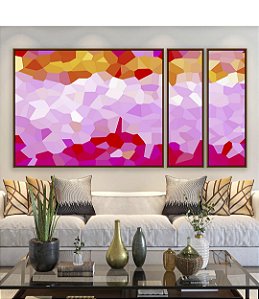 Trio de Quadros Estilizados Abstrato Mosaico Rosa Laranja Canvas Moldura