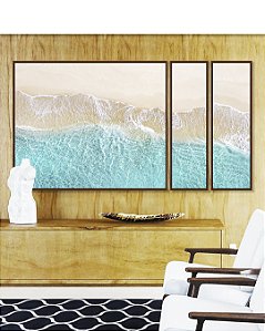 Trio de Quadros Estilizados Praia Paradisíaca Mar Turquesa Cristalino Natureza Canvas Moldura