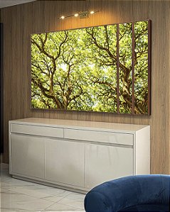 Trio de Quadros Estilizados Copa de Árvore Iluminada Galhos Folhas Verdes Natureza Canvas Moldura