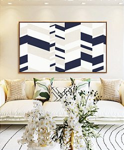 Quadro Abstrato Geométrico Mosaico Azul Bege Branco Canvas Moldura