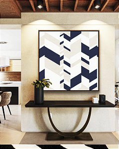 Quadro Quadrado Abstrato Geométrico Mosaico Azul Bege Branco Canvas Moldura