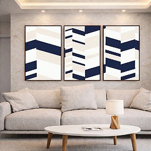 Trio de Quadros Abstrato Geométrico Mosaico Azul Bege Branco Canvas Moldura