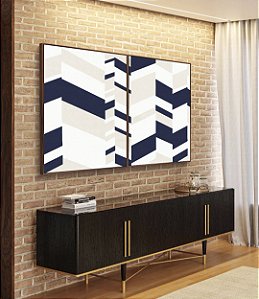 Duo de Quadros Abstrato Geométrico Mosaico Azul Bege Branco Canvas Moldura