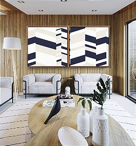 Duo de Quadros Quadrados Abstrato Geométrico Mosaico Azul Bege Branco Canvas Moldura