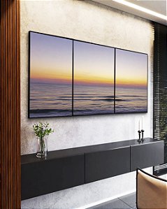 Trio de Quadros Mar Sereno ao Entardecer Pôr so Sol Praia Azul Canvas Moldura
