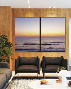 Duo de Quadros Mar Sereno ao Entardecer Pôr so Sol Praia Azul Canvas Moldura