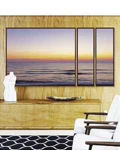 Trio de Quadros Estilizados Mar Sereno ao Entardecer Pôr so Sol Praia Azul Canvas Moldura