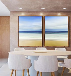 Duo de Quadros Praia Mar Azul Sereno Nuvens Movimento Canvas Moldura