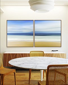 Duo de Quadros Quadrados Praia Mar Azul Sereno Nuvens Movimento Canvas Moldura