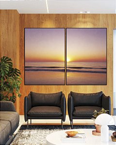 Duo de Quadros Pôr do Sol no Mar Praia Céu Lilás Serenidade Canvas Moldura