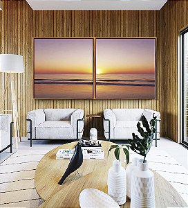 Duo de Quadros Quadrados Pôr do Sol no Mar Praia Céu Lilás Serenidade Canvas Moldura