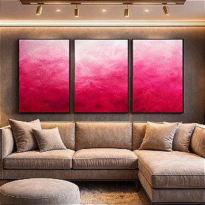 Trio de Quadros Abstrato Degradê Rosa Pink Fúcsia Textura Canvas Moldura