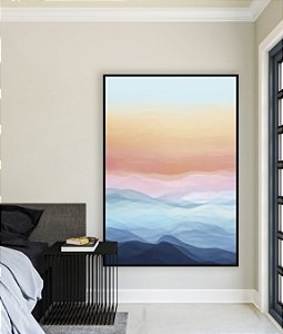 Quadro Vertical Paisagem Abstrata horizonte Sereno Azul e Rosa Canvas Moldura