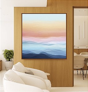 Quadro Quadrado Paisagem Abstrata horizonte Sereno Azul e Rosa Canvas Moldura